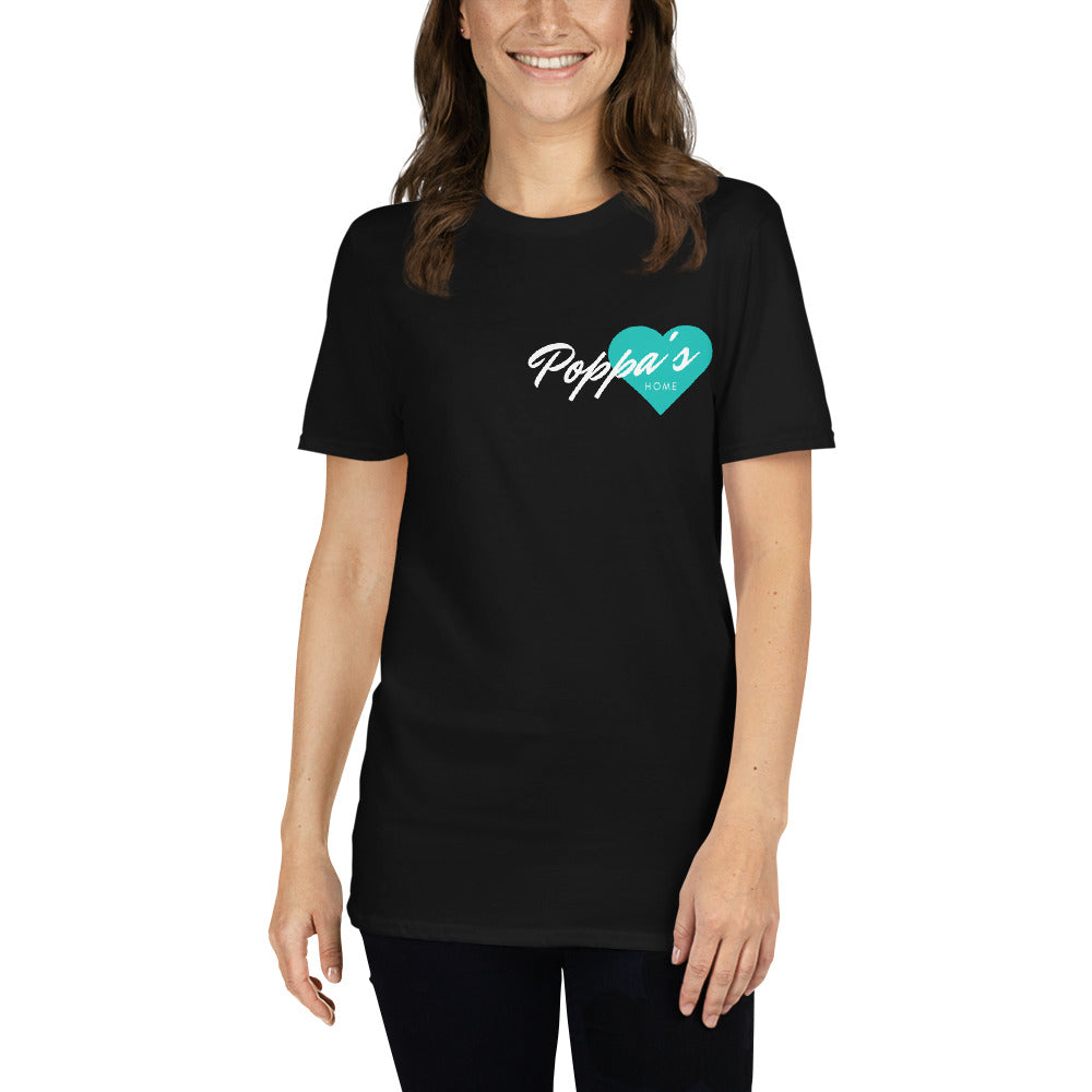 Short-Sleeve Unisex Teal Heart Poppa’s Home Black T-Shirt