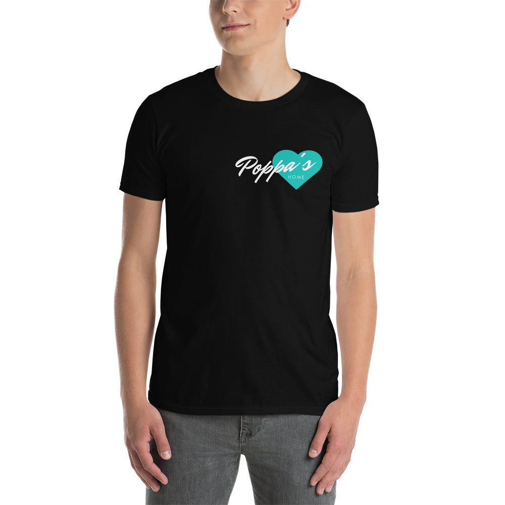 Short-Sleeve Unisex Teal Heart Poppa’s Home Black T-Shirt